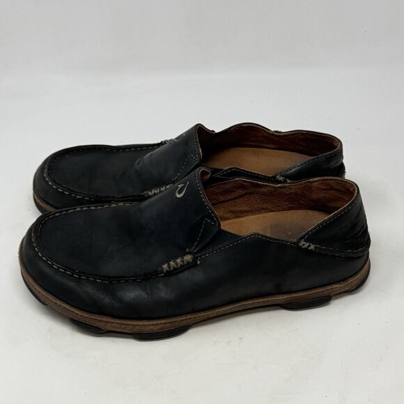 OluKai Moloa Shoes Mens 8 Black Leather Slip On Moc Toe Casual Loafers - Picture 4 of 16